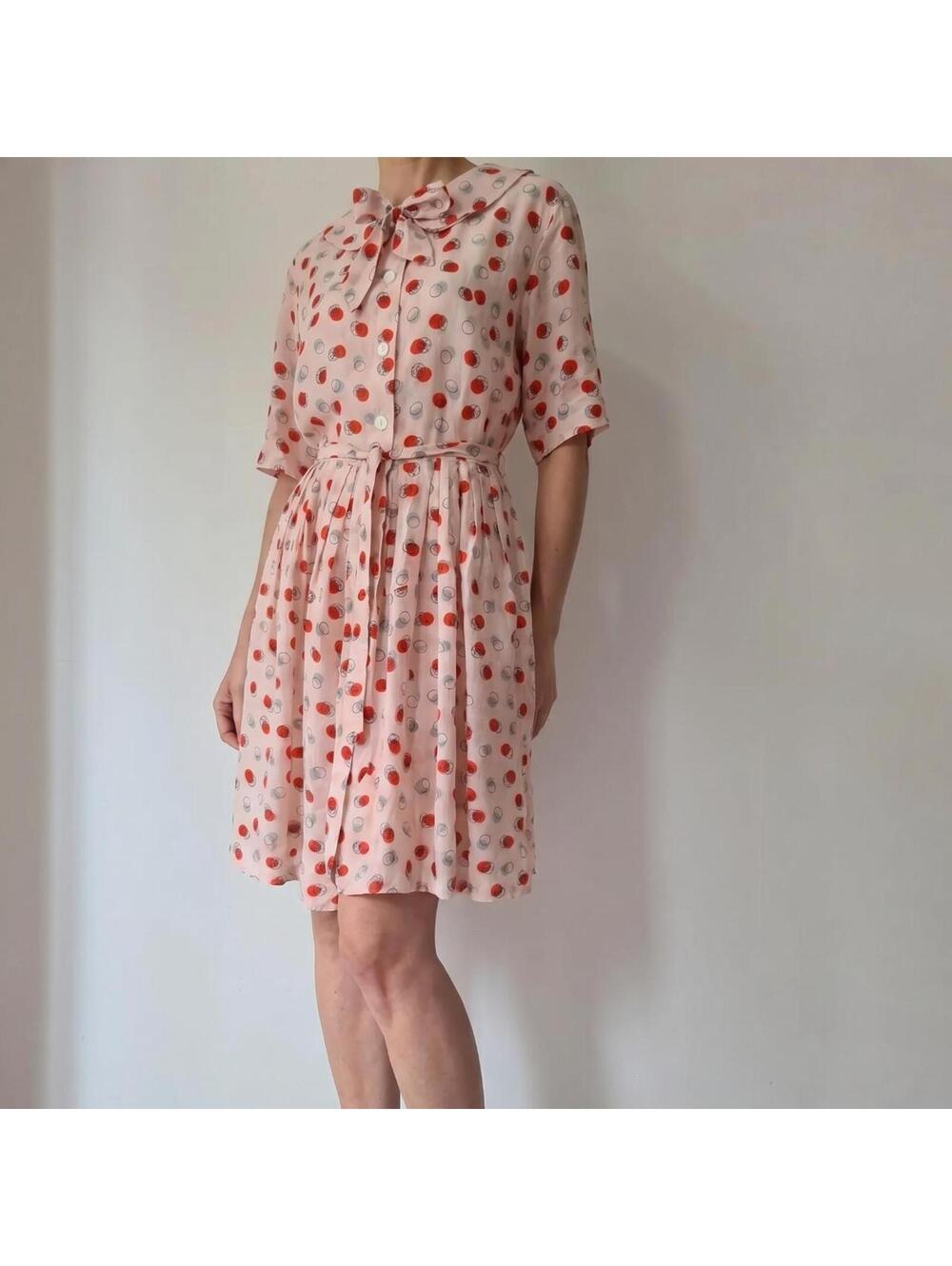 1940s Silk peterpan collar french stamp or coin print shirt dress